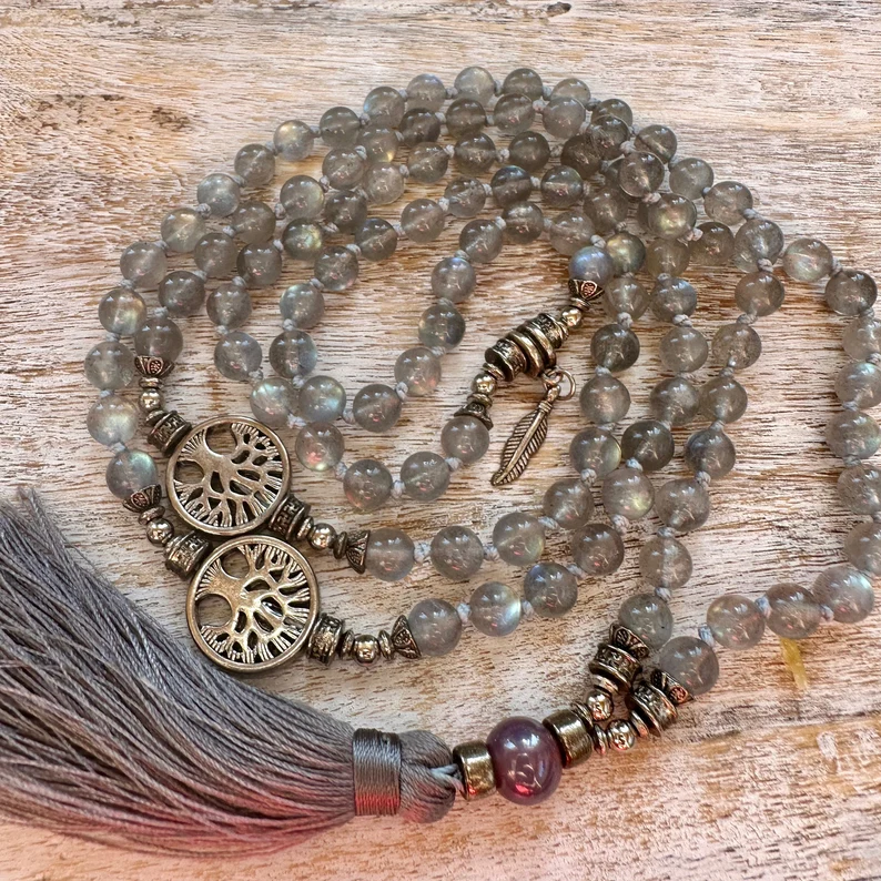 Labradorite mala with tree of life pendant