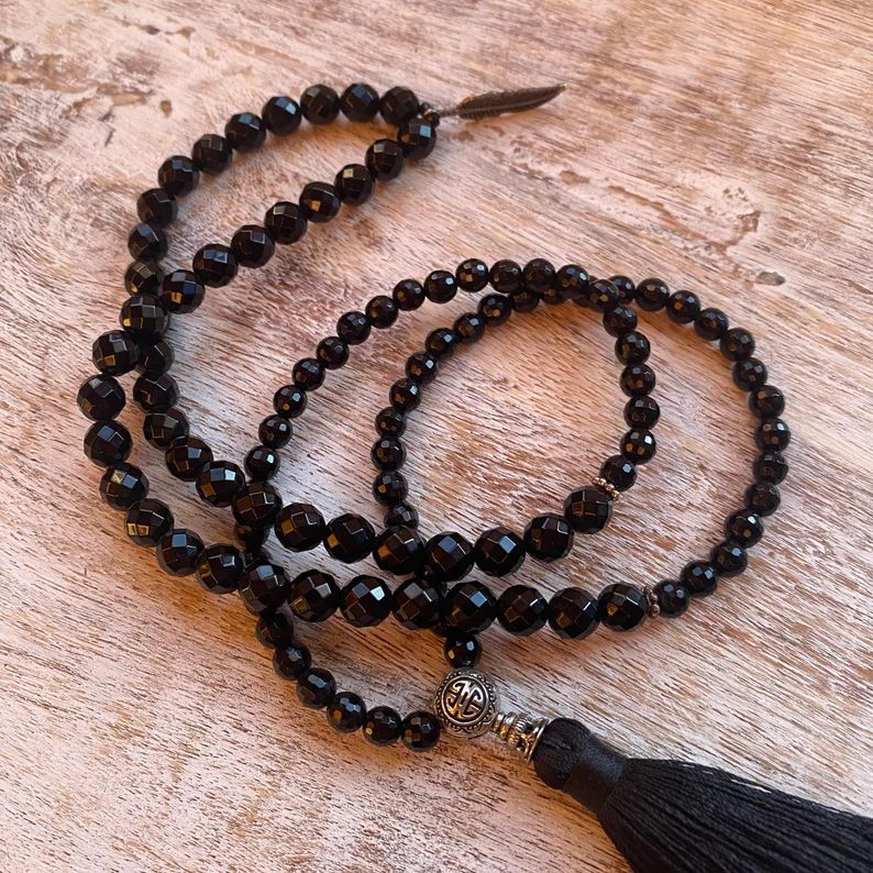 Faceted black onyx mala