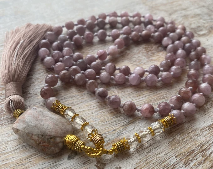 Rose-toned gemstone mala